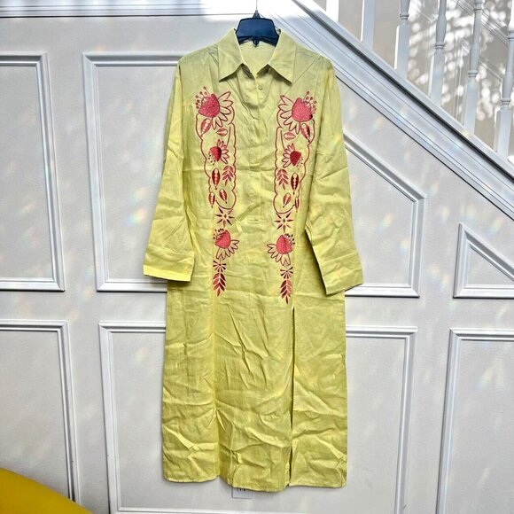 NWOT Alemais Long Sleeves Linen Maxi Dress Size 8 Yellow Green Embroidery Floral